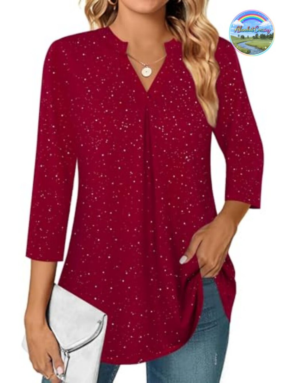 Womens 3/4 Sleeve V Neck Pleated Front Tunic Blouse Business Casual Work Top